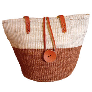 Handwoven Two-Tone Kiondo Basket Bag with Leather Handles