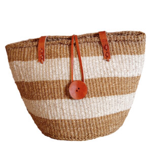 Handwoven Striped Kiondo Basket Bag with Leather Handles